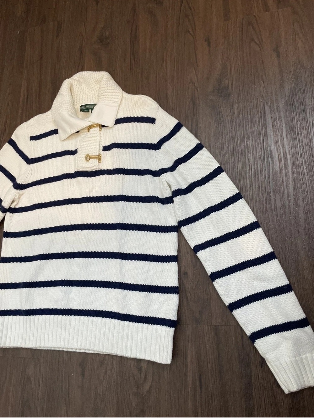 Ralph Lauren White & Navy Striped Polo-Collar Sweater - Picture 5 of 15